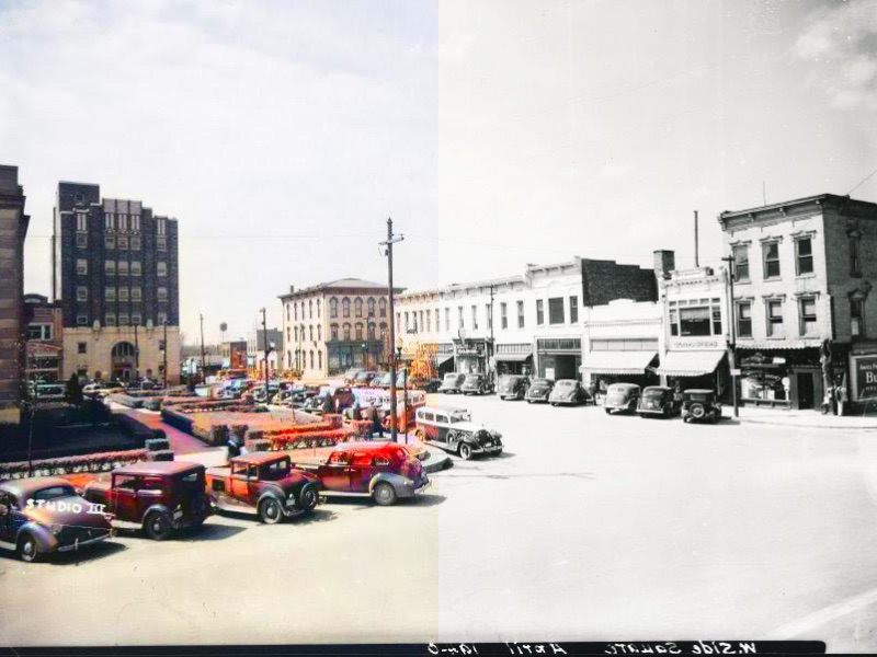 A side by side comparison photo of two, historic downtown Independence pictures, one is colorized.