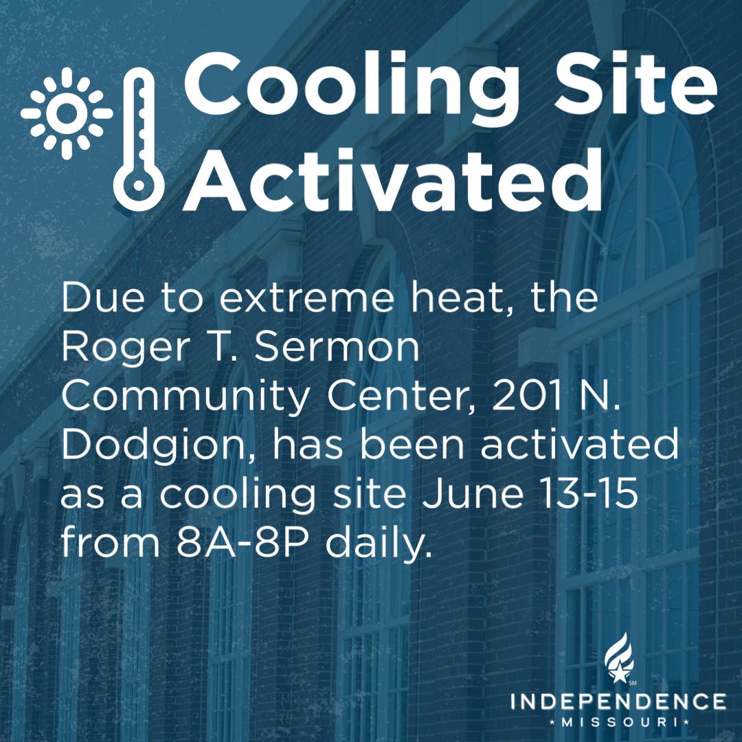 Cooling Site Activated. Due to extreme heat, the Roger T. Sermon Community Center, 201 N. Dodgion, has been activated as a cooling site June 13-15 from 8A-8P daily. Image of Sermon Center arched windows in red brick building behind words.