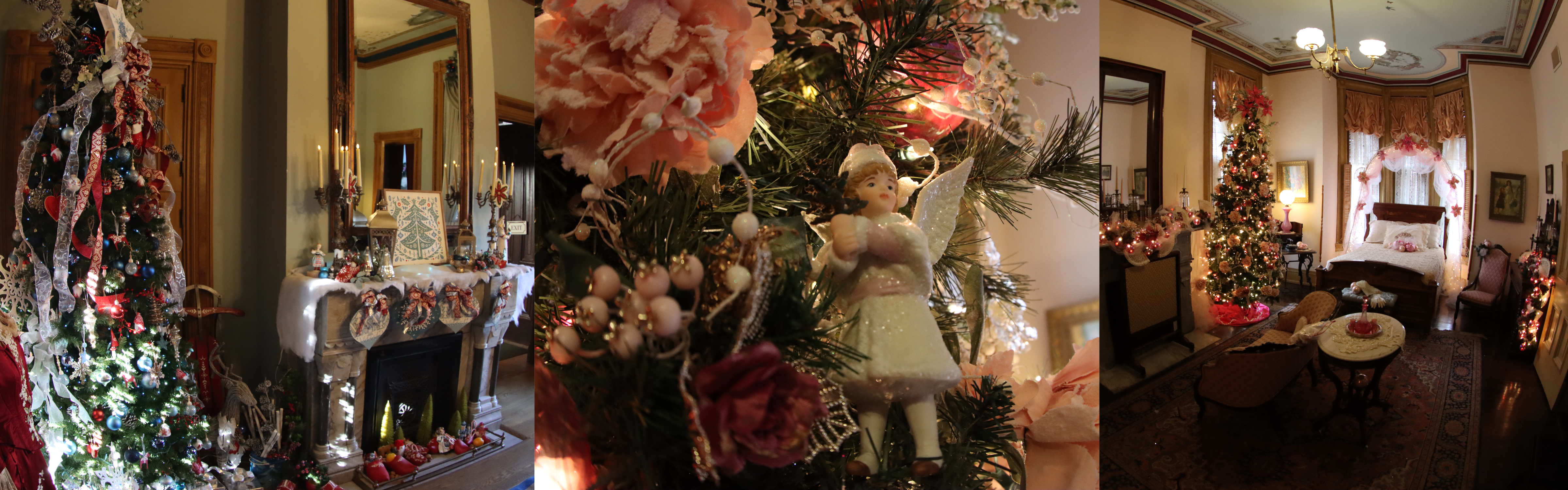 Images of Vaile Mansion with holiday decorations. One of the fireplace with a Christmas tree to the left, angel ornament on a tree in the center, and bedroom with Christmas Tree and other decor. 