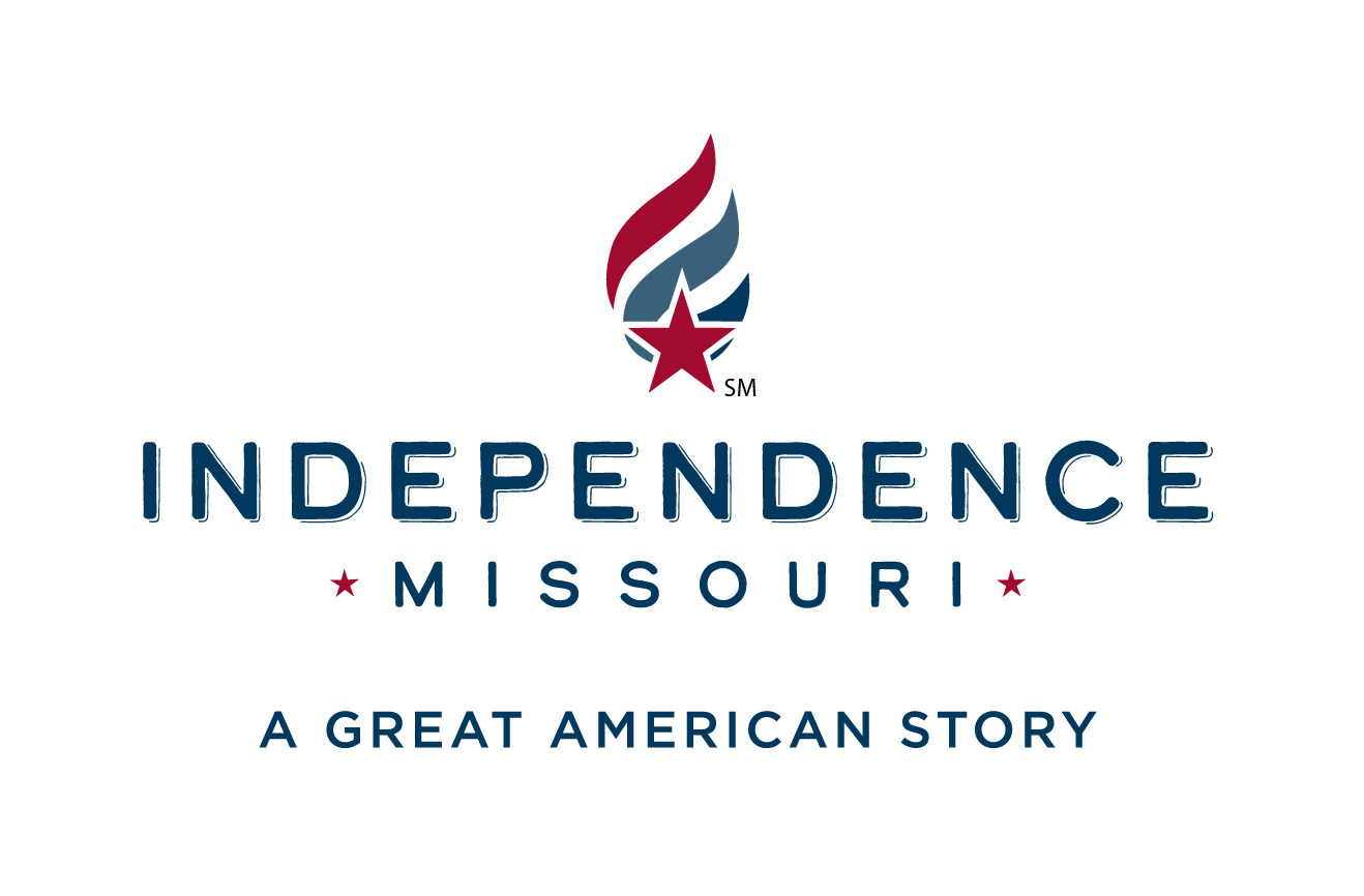 A tri-colored flame with red, grey blue and navy, with a red star at the bottom sits above the word Independence. Missouri is centered below it with red stars on each end and A Great American Story below it.