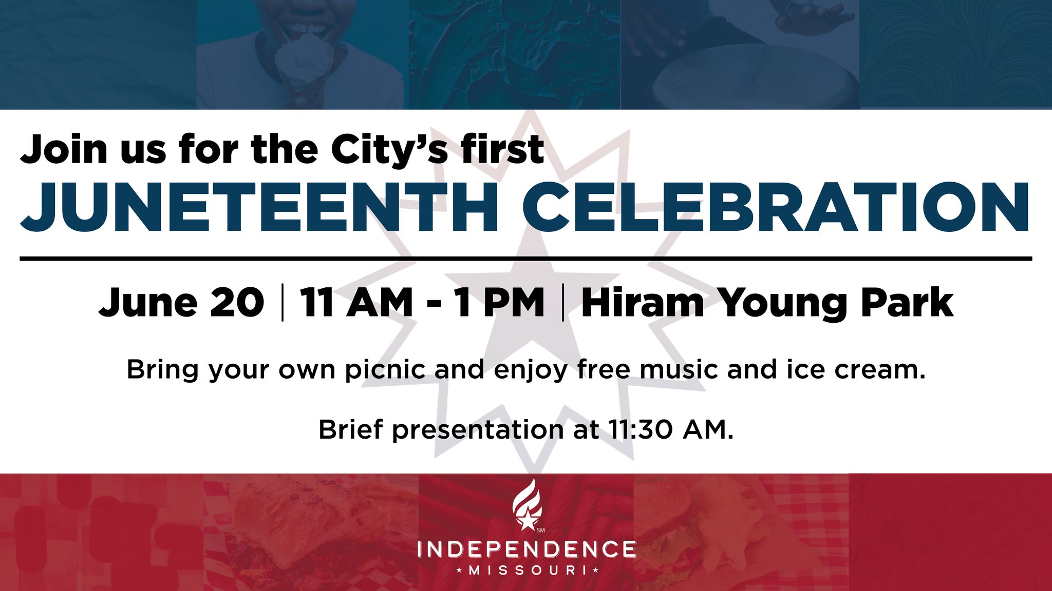 Join us for the City's first Juneteenth Celebration. June 20, 11 AM - 1 PM Hiram Young Park. Bring your own picnic, and enjoy free music and ice cream. Brief presentation at 11:30 AM.