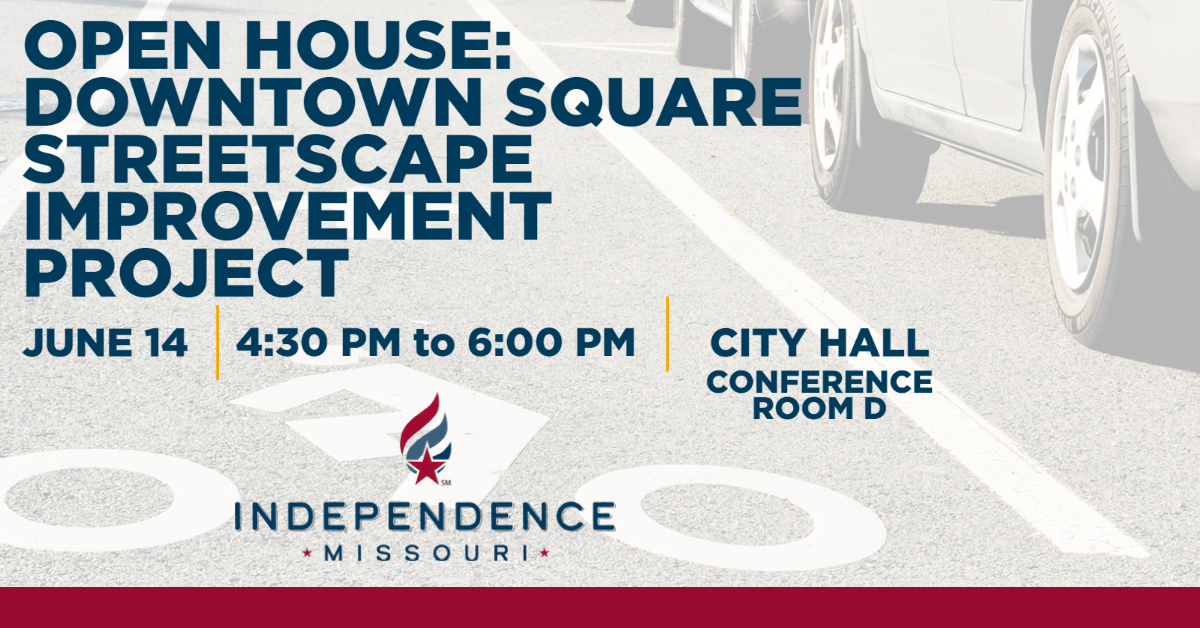 Open House: Downtown Square Streetscape Improvement Project, June 14, 4:30-6 PM, City Hall Conference Room D. Image of car driving on road with bicyclist graphic painted on the street.