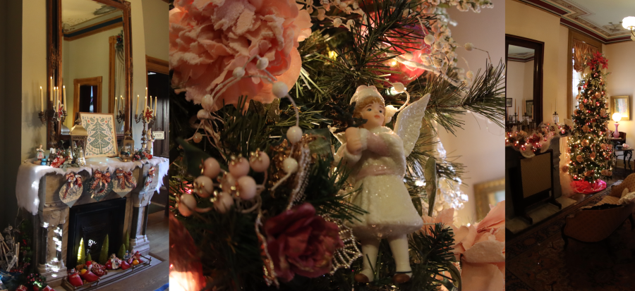 Images of Vaile Mansion with holiday decorations. One of the fireplace with a Christmas tree to the left, angel ornament on a tree in the center, and bedroom with Christmas Tree and other decor. 