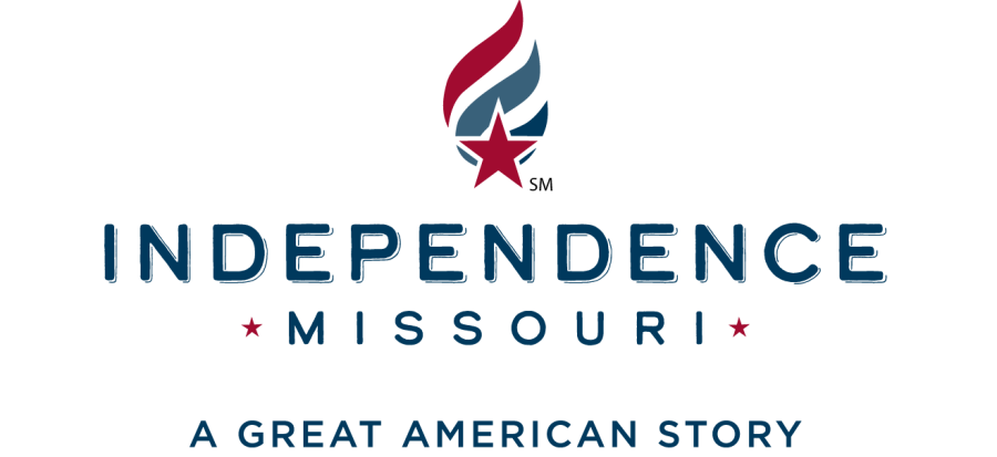 A tri-colored flame with red, grey blue and navy, with a red star at the bottom sits above the word Independence. Missouri is centered below it with red stars on each end and A Great American Story below it.