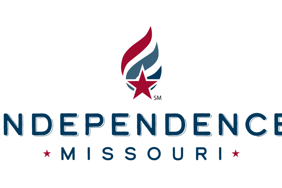 City of Independence Missouri logo with dark red, light blue, and navy flame over red star