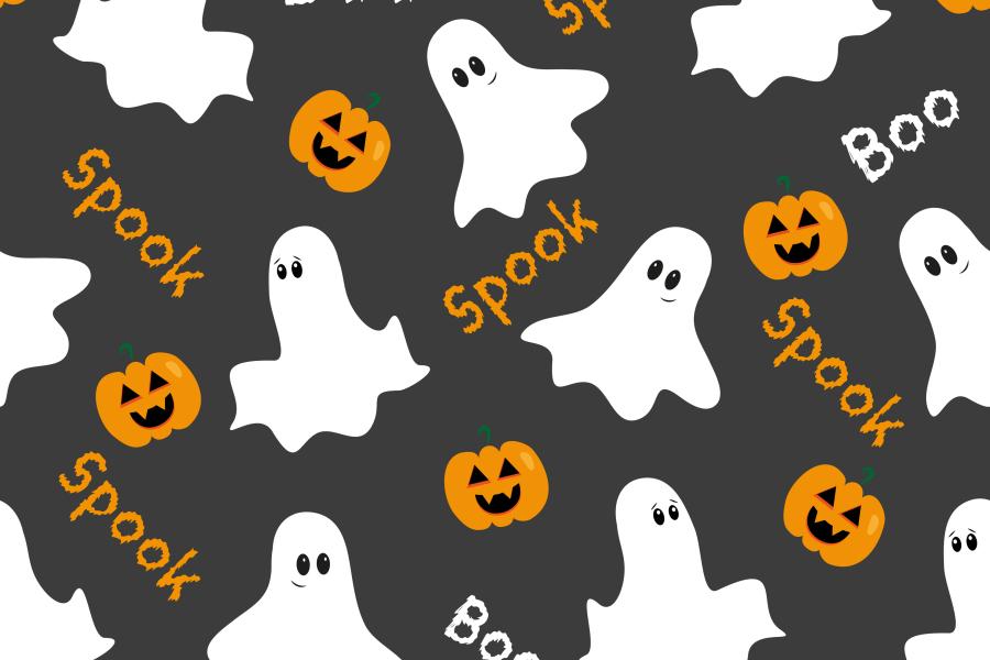 Ghosts and jack-o-lanterns against a grey background with the words boo and spook haphazardly laid out. 