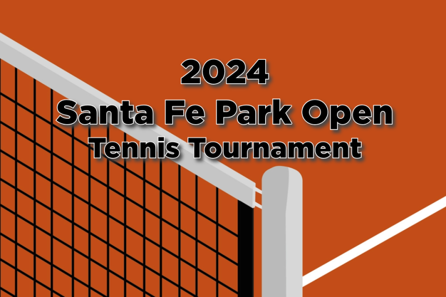 2024 Santa Fe Park Tennis Tournament flyer. Image is tennis net with tennis balls
