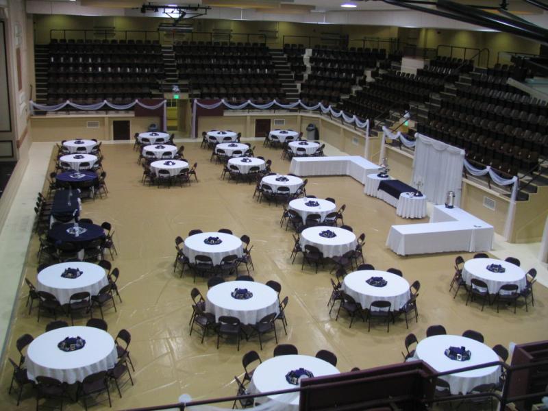 view of TMB auditorium from NW corner fully set-up with tables and chairs