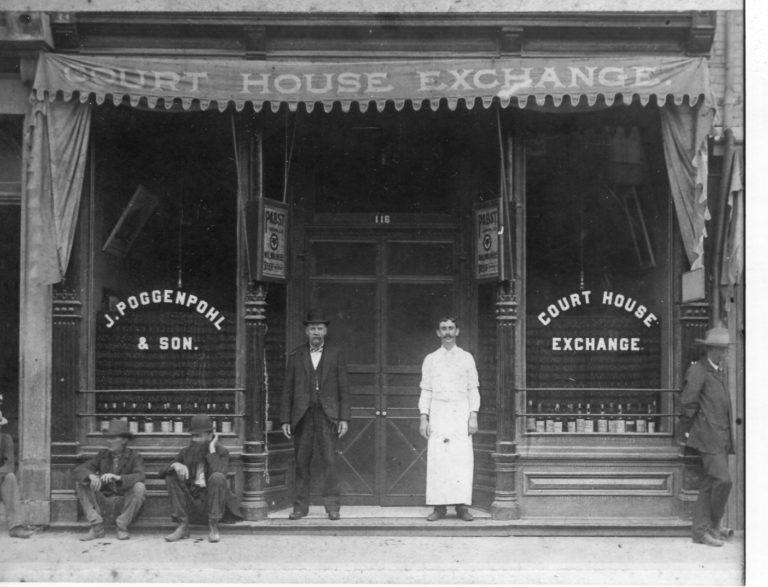 A historic, black and white image of the Courthouse Exchange in downtown Independence. Date unknown. 