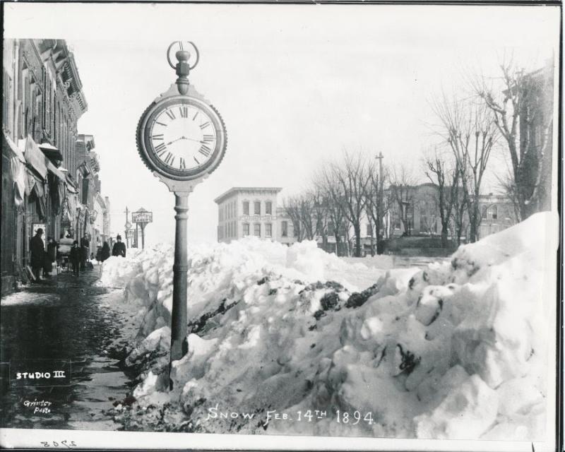 A historic, black and white image of snowfall in downtown Independence. Date unknown. 