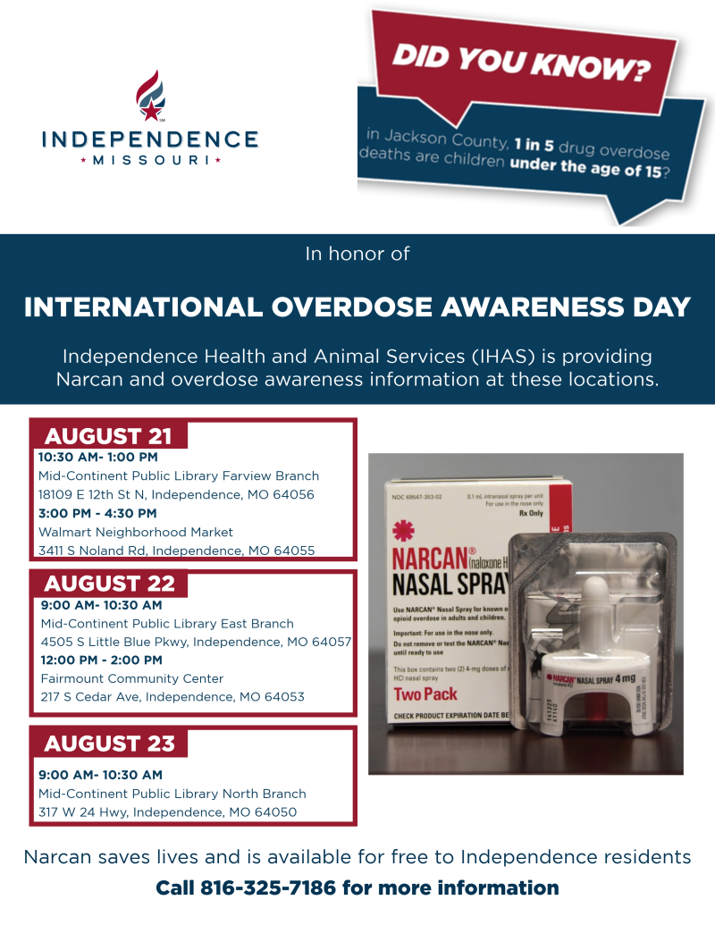 A flyer describing Narcan at area Independence events Aug. 21 - 23, 2024