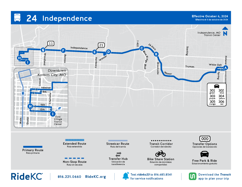 Map showing a blue line going from the intersection of Truman and Noland in Independence west along 24 Highway to Charlotte and 12th in downtown Kansas City.