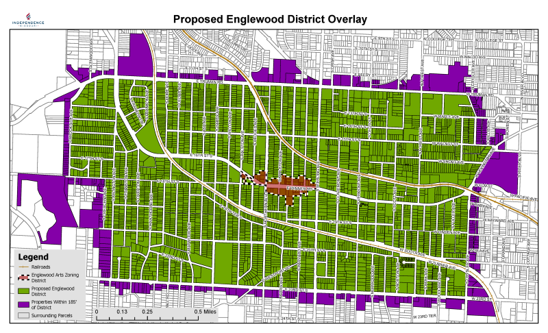 map of proposed Englewood District Overlay, highlighting current arts district zone and proposed district overlay