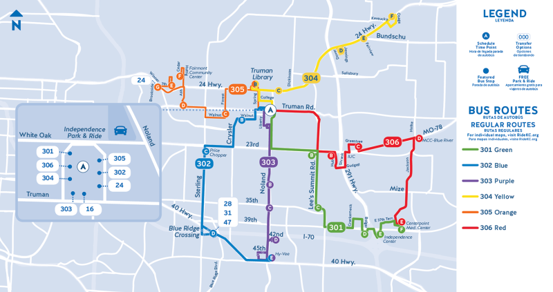 A map of the KCATA transit routes that will be eliminated in the City of Independence beginning Jan. 1 2025.  Route 301 runs east  and south from the intersection of Truman and Noland to roughly Centerpointe Medical Center along 23rd, Lee's Summit Road, and 39th Street.  Route 302 runs west and south from the intersection of Truman and Noland Road to Crysler, then Sterling, then 40 Highway.  