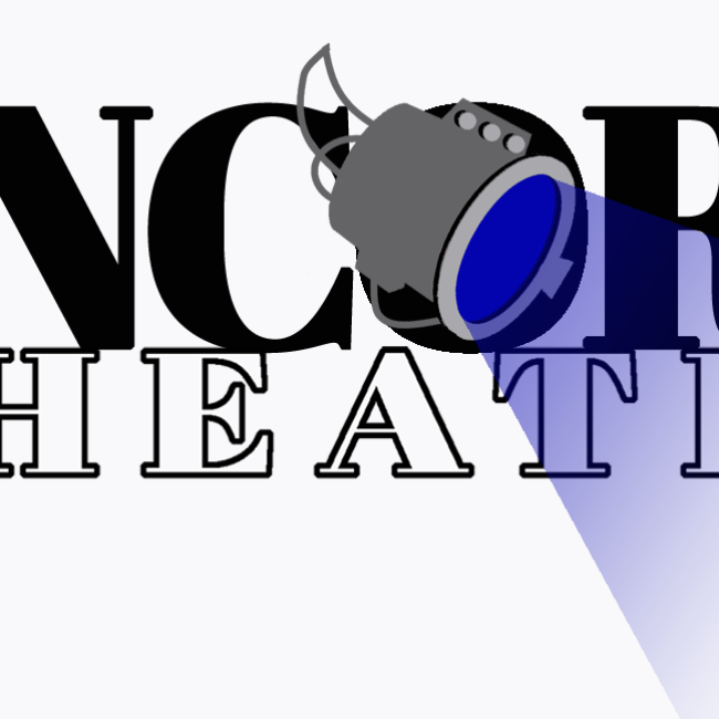 An image of Encore Theatre's name with a blue theatre light shining out to the right side of the logo.